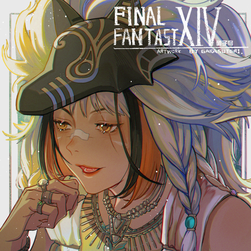 1girl absurdres artist_name bandages bare_shoulders copyright_name english_text facial_mark fang final_fantasy final_fantasy_xiv guan_tang_baozi headgear highres jewelry light_blush medium_hair miqo'te necklace open_mouth orange_hair portrait ring scar scar_across_eye scar_on_face scar_on_nose solo warrior_of_light_(ff14) whisker_markings yellow_eyes