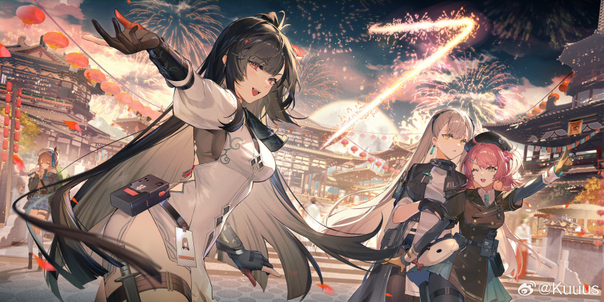 4girls :d :o ;d ak-alfa_(girls'_frontline) architecture belt_pouch beret black_footwear black_gloves black_hair black_headwear black_jacket black_pantyhose blonde_hair blue_necktie blue_skirt breasts brown_coat bubble_tea coat coat_dress cowboy_shot cup disposable_cup dress drink drinking_straw east_asian_architecture fingerless_gloves fireworks from_side girls'_frontline_2:_exilium girls_frontline gloves grey_hair hat highres holding holding_cup holding_drink id_card index_finger_raised jacket kuuus lantern layered_sleeves long_sleeves looking_at_viewer mp7_(girls'_frontline) multiple_girls necktie night night_sky official_art one_eye_closed one_side_up outdoors outstretched_arm pantyhose paper_lantern pink_hair pointing pouch qbz-191_(girls'_frontline) red_eyes short_hair short_over_long_sleeves short_sleeves skirt sky smile socks thigh_pouch vepley_(girls'_frontline_2) weibo_logo weibo_username white_dress white_socks yellow_eyes