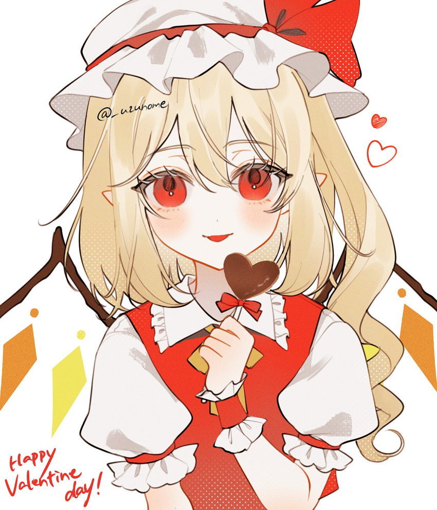 1girl ascot blonde_hair candy chocolate crystal_wings flandre_scarlet food frills happy_valentine hat hat_ribbon heart heart-shaped_chocolate highres medium_hair mob_cap open_mouth pointy_ears puffy_short_sleeves puffy_sleeves red_eyes red_ribbon ribbon short_sleeves side_ponytail simple_background solo touhou upper_body uzmee white_background wrist_cuffs yellow_ascot