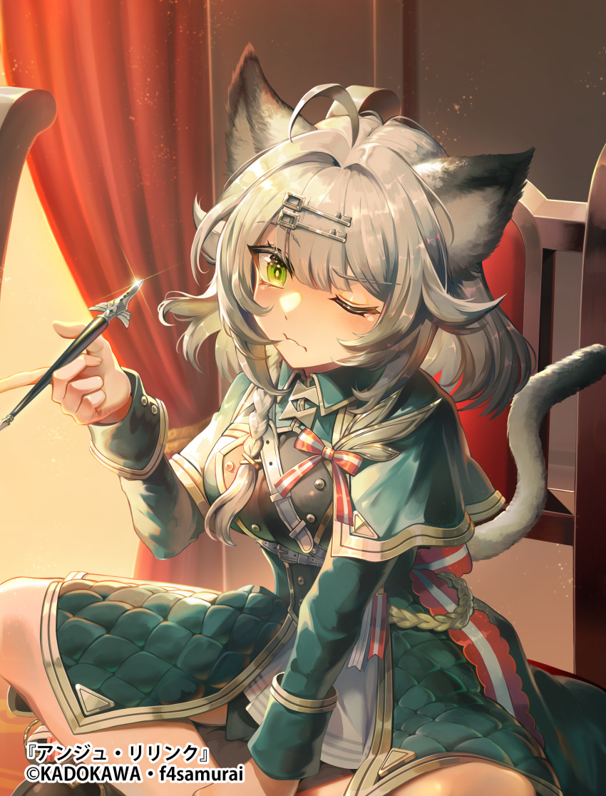 1girl absurdres ahoge ange_relink animal_ear_fluff animal_ears between_legs black_shirt breasts capelet cat_ears cat_girl cat_tail character_request closed_mouth commentary_request green_capelet green_eyes green_jacket grey_hair hair_between_eyes hair_intakes hair_ornament hairclip hand_between_legs hand_up highres holding holding_smoking_pipe jacket kiseru long_sleeves looking_at_viewer medium_breasts official_art on_chair one_eye_closed pleated_skirt saihate_(d3) shirt sitting skirt smoking_pipe solo tail white_skirt