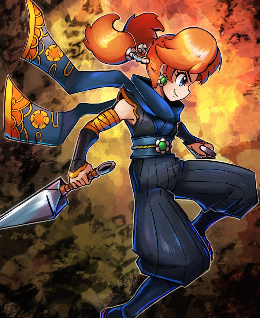 alternate_costume alternate_hairstyle alternate_weapon blue_eyes dual_wielding earrings flower highres holding holding_weapon jewelry jumping knee_up kunai leg_up looking_to_the_side ninja orange_hair princess_daisy princess_peach:_showtime! scarf short_hair smile stoic_seraphim super_mario_bros. super_mario_land twintails weapon