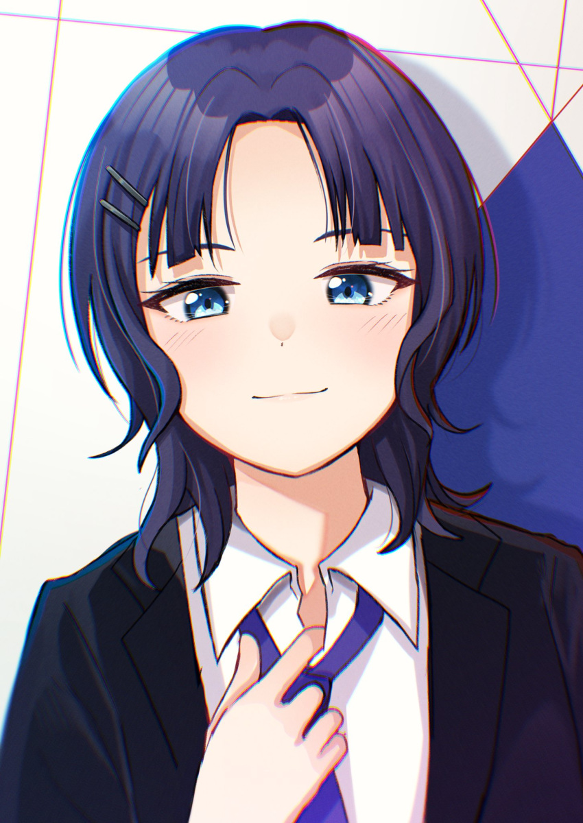 1girl adjusting_clothes adjusting_necktie alternate_hairstyle asaka_karin black_jacket blue_eyes blue_hair blue_necktie blush closed_mouth collared_shirt commentary_request hair_ornament hairclip highres jacket looking_at_viewer love_live! love_live!_nijigasaki_high_school_idol_club medium_hair necktie parted_bangs rrtp shirt sidelocks solo standing suit_jacket upper_body white_shirt