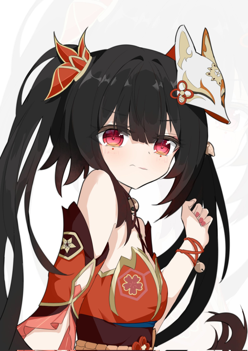 1girl bare_shoulders black_hair blush bow clenched_hand closed_mouth criss-cross_halter detached_sleeves dress fox_mask from_side hair_between_eyes hair_bow halterneck hand_up highres honkai:_star_rail honkai_(series) long_hair looking_at_viewer mask mask_on_head nail_polish obi pink_eyes pink_nails red_bow red_dress red_sleeves sash short_sleeves sidelocks simple_background sleeveless sleeveless_dress solo sparkle_(honkai:_star_rail) twintails upper_body wavy_mouth white_background zizhucan zoom_layer