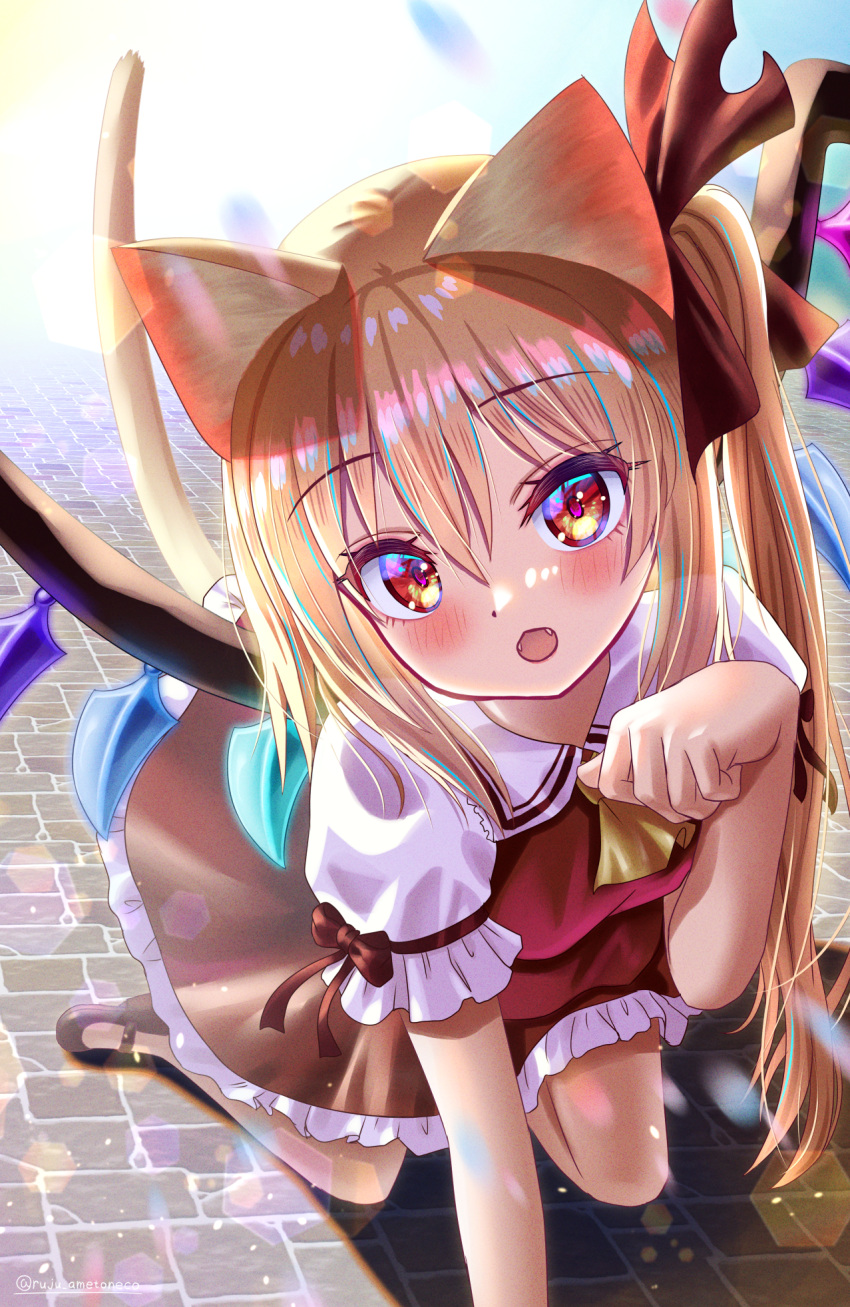 1girl all_fours alternate_hair_length alternate_hairstyle animal_ears ascot backlighting black_footwear blonde_hair blush cat_ears cat_girl cat_tail commentary crystal day eyelashes fangs flandre_scarlet foreshortening frilled_skirt frills hair_between_eyes hair_ribbon hand_out_of_frame hand_up highres kemonomimi_mode long_hair looking_at_viewer mary_janes open_mouth outdoors paw_pose puffy_short_sleeves puffy_sleeves red_eyes red_ribbon red_skirt ribbon rouge_(my_rouge) shirt shoes short_sleeves side_ponytail skirt solo straight_hair sunlight tail tail_raised touhou twitter_username white_shirt wings yellow_ascot