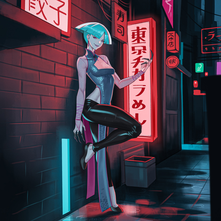 1girl a.k.i._(street_fighter) absurdres against_wall alley black_pants breasts china_dress chinese_clothes claw_ring dress earrings grey_hair grin highres jewelry leg_up looking_at_viewer neon_lights pants pelvic_curtain pink_eyes seventeencrows smile smug solo street_fighter street_fighter_6 tassel tassel_earrings yoga_pants