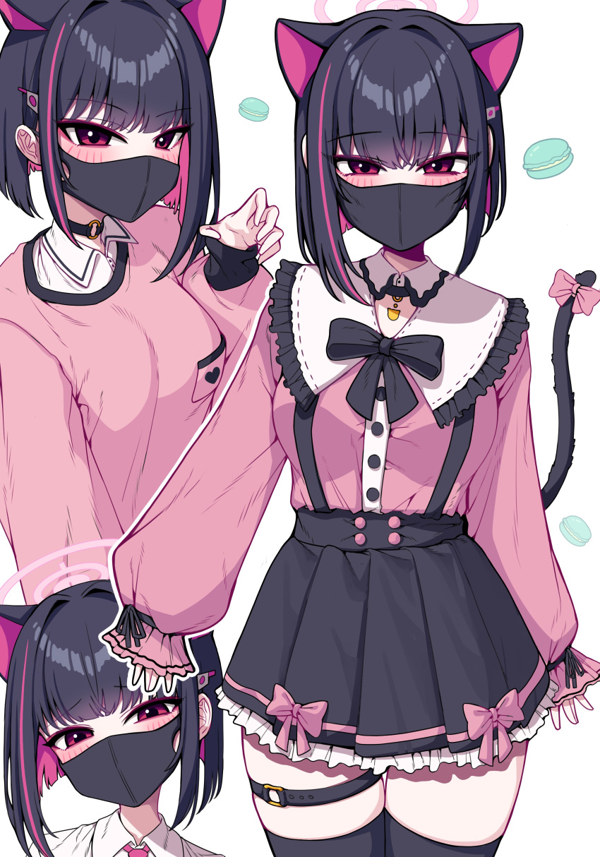 1girl absurdres animal_ears belt black_bow black_bowtie black_hair black_mask black_skirt black_thighhighs blue_archive blush bow bowtie cat_ears cat_girl cat_tail claw_pose cowboy_shot extra_ears food halo high-waist_skirt highres jirai_kei kazusa_(blue_archive) legs_together long_sleeves looking_at_viewer macaron mask medium_hair metaljelly mouth_mask multicolored_hair multiple_views petticoat pink_eyes pink_hair pink_shirt pleated_skirt shirt shirt_tucked_in sidelocks simple_background skindentation skirt sleeves_past_wrists straight-on streaked_hair suspender_skirt suspenders tail thick_thighs thigh-highs thigh_belt thigh_strap thighs white_background zettai_ryouiki