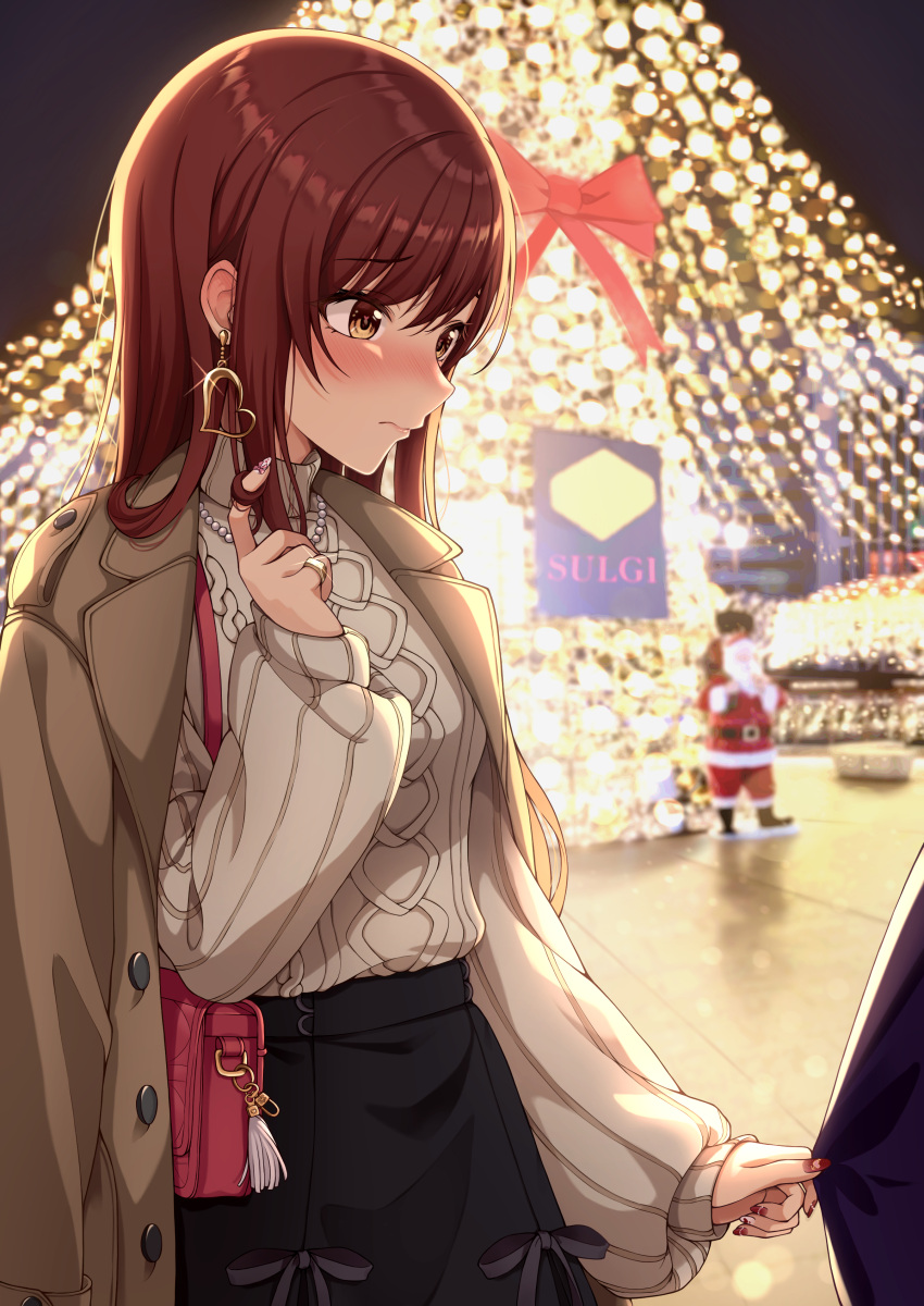 1girl absurdres blush closed_mouth coat coat_on_shoulders earrings embarrassed hair_twirling hand_up highres idolmaster idolmaster_shiny_colors jewelry long_hair long_sleeves nail_polish necklace night osaki_amana pinching_sleeves playing_with_hair playing_with_own_hair producer_(idolmaster) redhead ribbed_sweater ring sleeves_past_wrists solo_focus sorugi_park straight_hair sweater swept_bangs white_coat yellow_eyes
