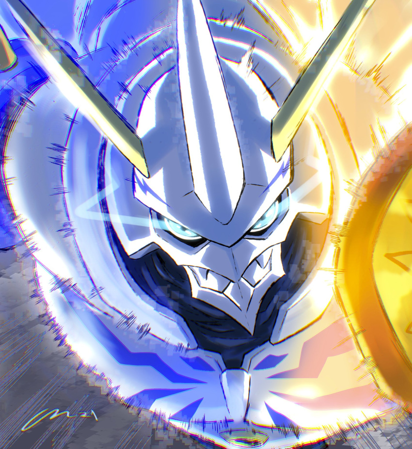 armor blue_eyes carloromeroart digimon digimon_adventure:_(2020) english_commentary glowing glowing_eyes highres horns looking_at_viewer mecha no_humans omegamon robot shield shoulder_armor signature speed_lines spikes upper_body