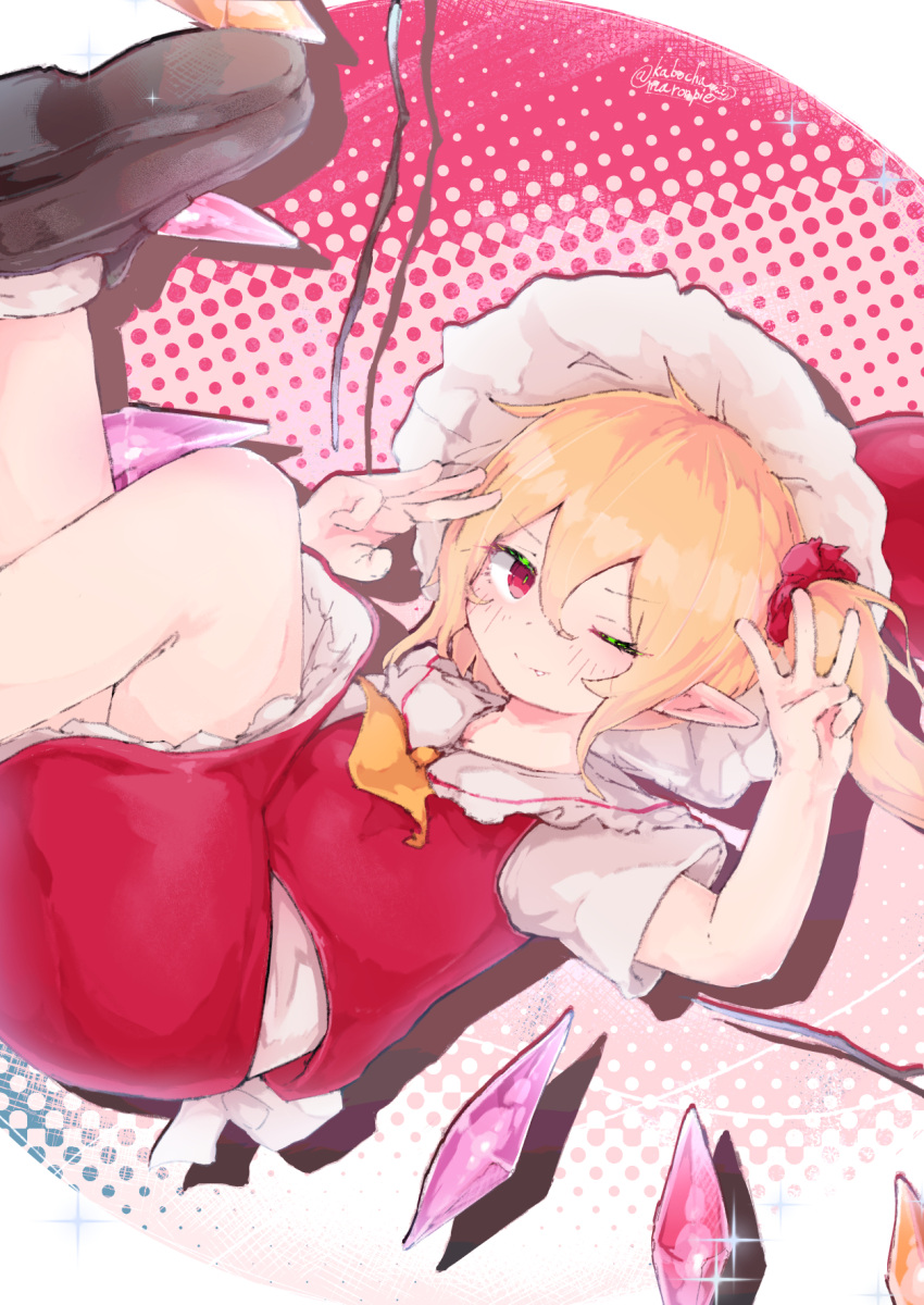 1girl ascot blonde_hair crystal_wings dress flandre_scarlet full_body hair_ribbon hat hat_ribbon highres kabochamaronpie looking_at_viewer mary_janes medium_hair mob_cap one_eye_closed pointy_ears red_dress red_ribbon ribbon shoes side_ponytail smile solo touhou yellow_ascot