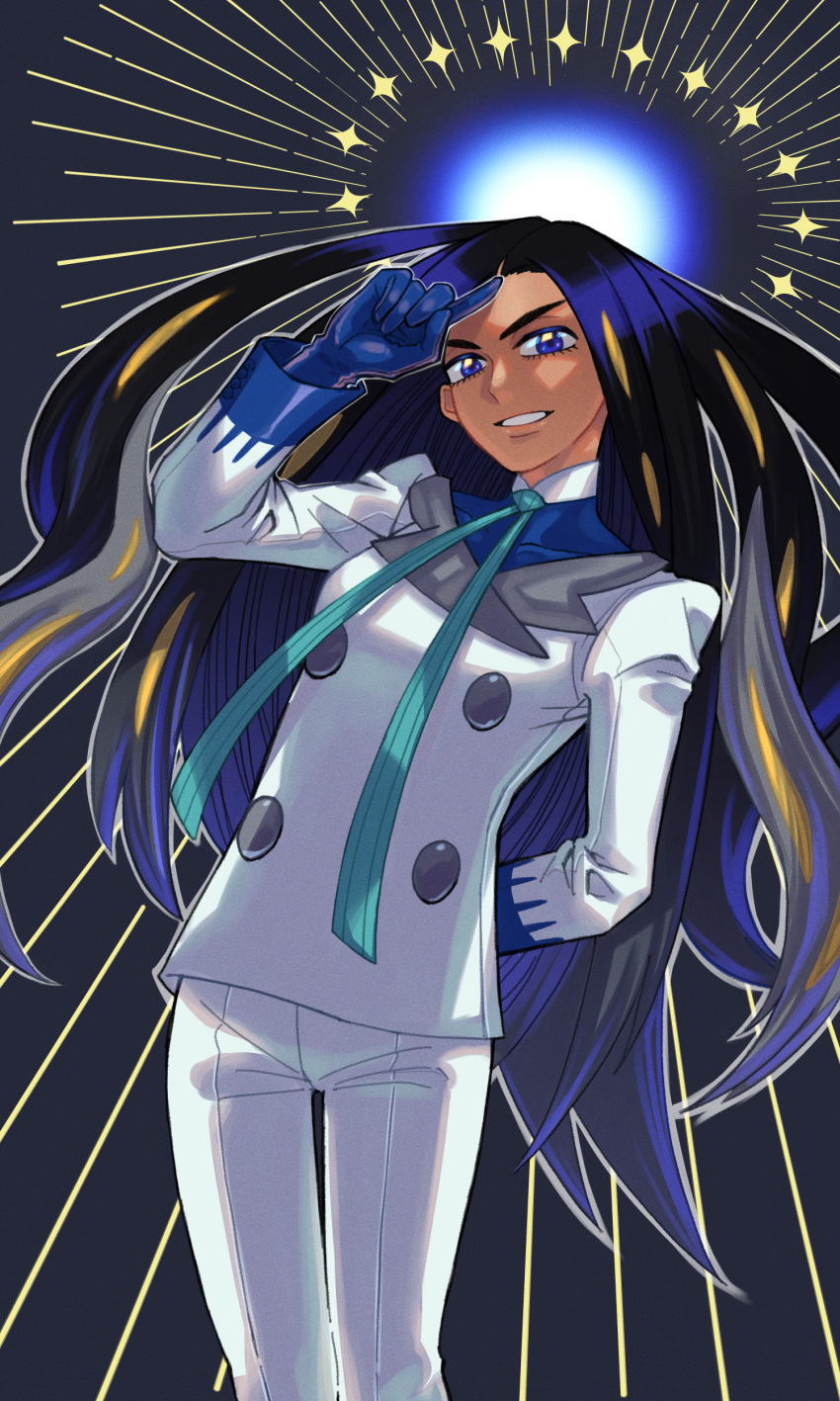 1girl absurdres alternate_color arm_behind_back black_hair blue_eyes blue_gloves blue_shirt buttons commentary_request dark-skinned_female dark_skin double-breasted eyelashes geeta_(pokemon) gloves green_ribbon grin hand_up highres jacket long_hair long_sleeves looking_at_viewer neck_ribbon oyu_no_mizuwari pants pokemon pokemon_masters_ex ribbon shirt smile solo teeth white_jacket white_pants