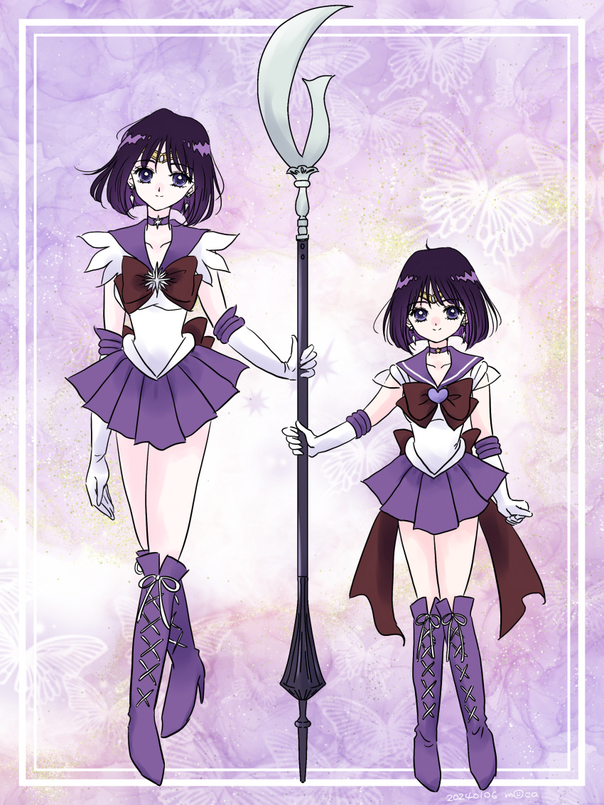 2girls absurdres artist_name back_bow bishoujo_senshi_sailor_moon boots bow brooch butterfly_background choker collarbone dated dual_persona earrings elbow_gloves gloves heart heart_brooch hemuhemu_moca highres holding holding_weapon jewelry knee_boots magical_girl multiple_girls pleated_skirt purple_background purple_bow purple_footwear purple_hair purple_sailor_collar purple_skirt sailor_collar sailor_saturn sailor_senshi_uniform short_hair silence_glaive skirt star_(symbol) star_brooch star_choker super_sailor_saturn tomoe_hotaru violet_eyes weapon white_gloves