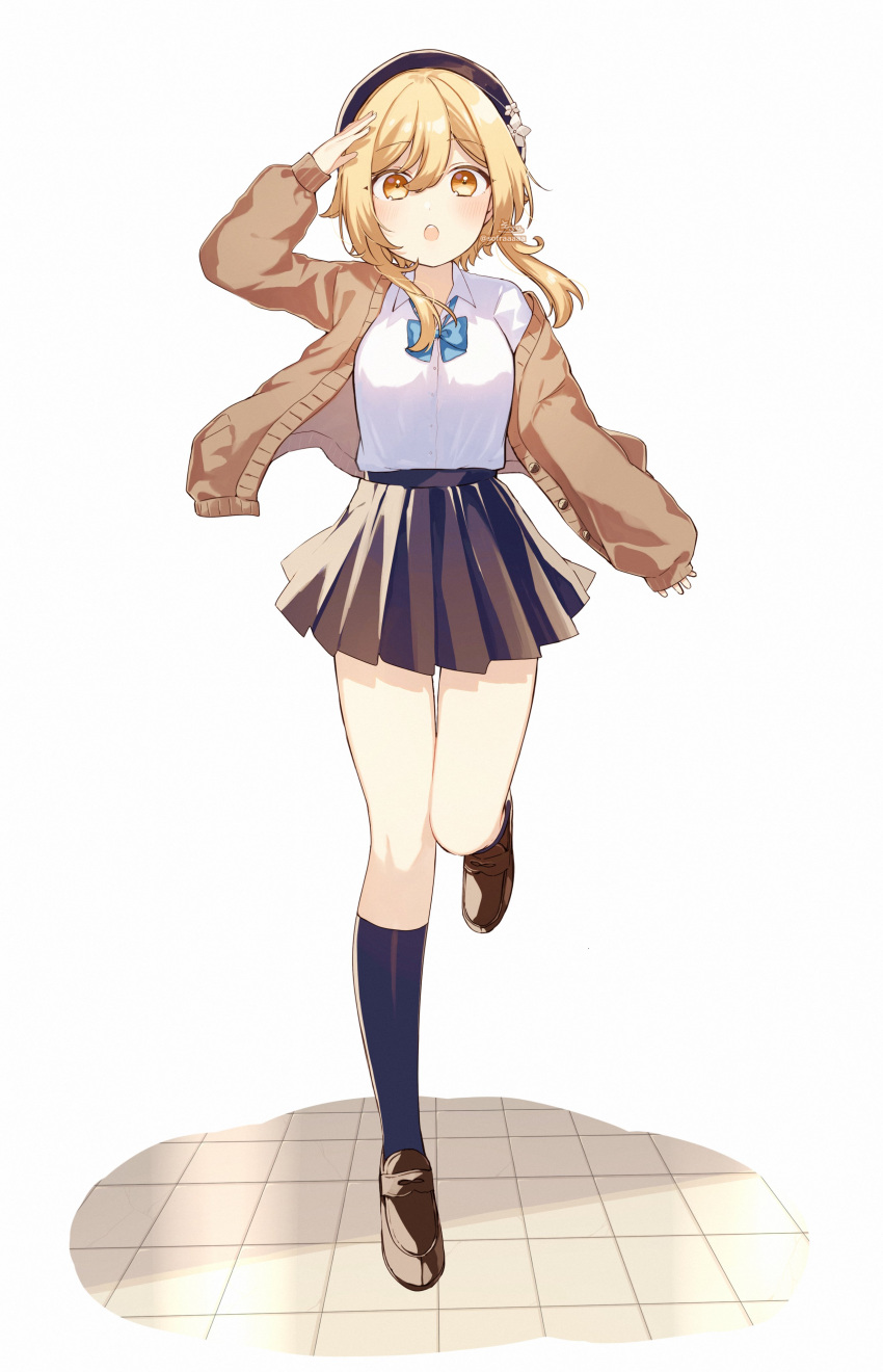 1girl :o absurdres arm_up beret black_headwear black_skirt black_socks blonde_hair blue_bow bow breasts brown_cardigan brown_eyes brown_footwear cardigan collared_shirt commentary_request dress_shirt flower full_body genshin_impact hair_between_eyes hat hat_flower highres kneehighs loafers long_sleeves looking_at_viewer lumine_(genshin_impact) open_cardigan open_clothes open_mouth pleated_skirt puffy_long_sleeves puffy_sleeves running salute shirt shoes simple_background skirt sleeves_past_wrists small_breasts socks sofra solo white_background white_flower white_shirt