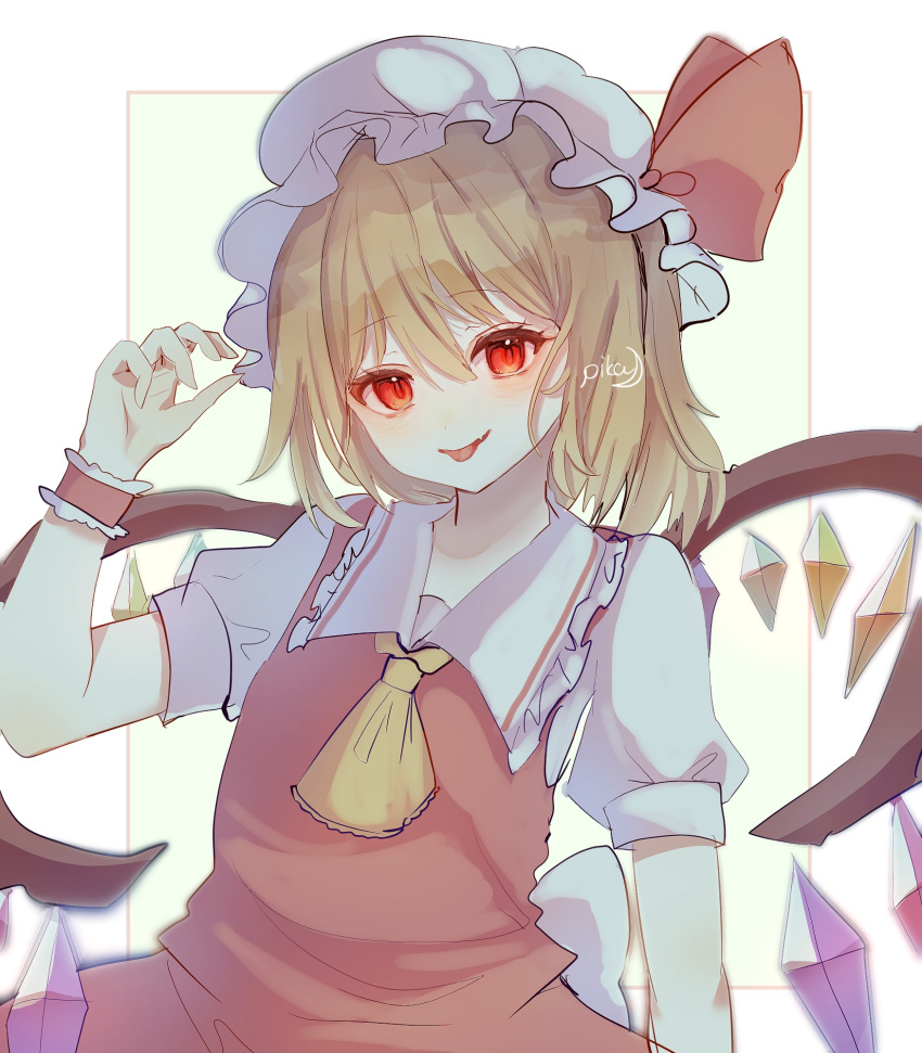 1girl blonde_hair crystal_wings flandre_scarlet frills hat hat_ribbon highres medium_hair red_eyes red_ribbon ribbon riripika_2525 side_ponytail simple_background solo tongue tongue_out touhou upper_body white_background wrist_cuffs