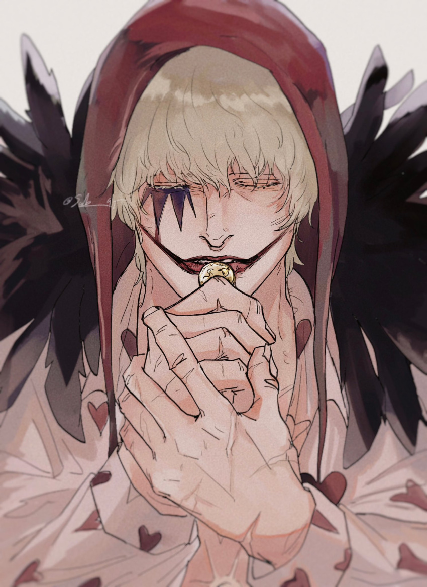 1boy blonde_hair closed_eyes coin donquixote_rocinante eyelashes facepaint facing_viewer feather_trim fingernails grey_background hat heart heart_print highres holding holding_coin lipstick long_sleeves makeup male_focus one_piece parted_lips red_headwear scar scar_on_hand short_hair signature solo sub_45 upper_body