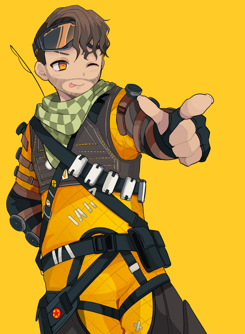 1boy absurdres animification apex_legends belt black_belt black_gloves bodysuit brown_hair checkered_clothes checkered_scarf fingerless_gloves gloves goggles goggles_on_head hair_behind_ear highres kansaibito looking_ahead male_focus mirage_(apex_legends) one_eye_closed orange_background orange_bodysuit orange_eyes pouch scarf smile solo tongue tongue_out