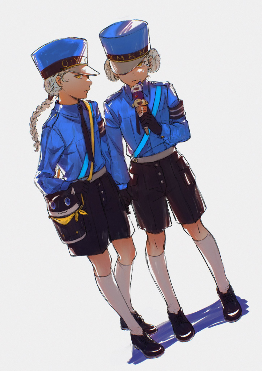 2girls armband blue_shirt braid caroline_(persona_5) double_bun expressionless eyepatch food full_body grey_hair hair_bun hat highres ice_cream justine_(persona_5) long_hair looking_at_viewer machihazure multiple_girls necktie peaked_cap persona persona_5 shirt shorts siblings sisters socks twins white_socks yellow_eyes