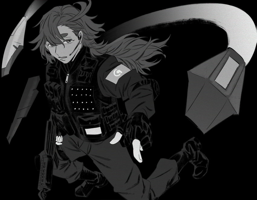 1girl absurdres assault_rifle black_background boots commentary_request earpiece funnels_(gundam) greyscale gun gundam gundam_suisei_no_majo highres holding holding_gun holding_weapon korean_commentary long_hair long_sleeves monochrome pants parted_lips pointing pointing_at_viewer rifle simple_background snapagi solo suletta_mercury tactical_clothes thick_eyebrows vest weapon