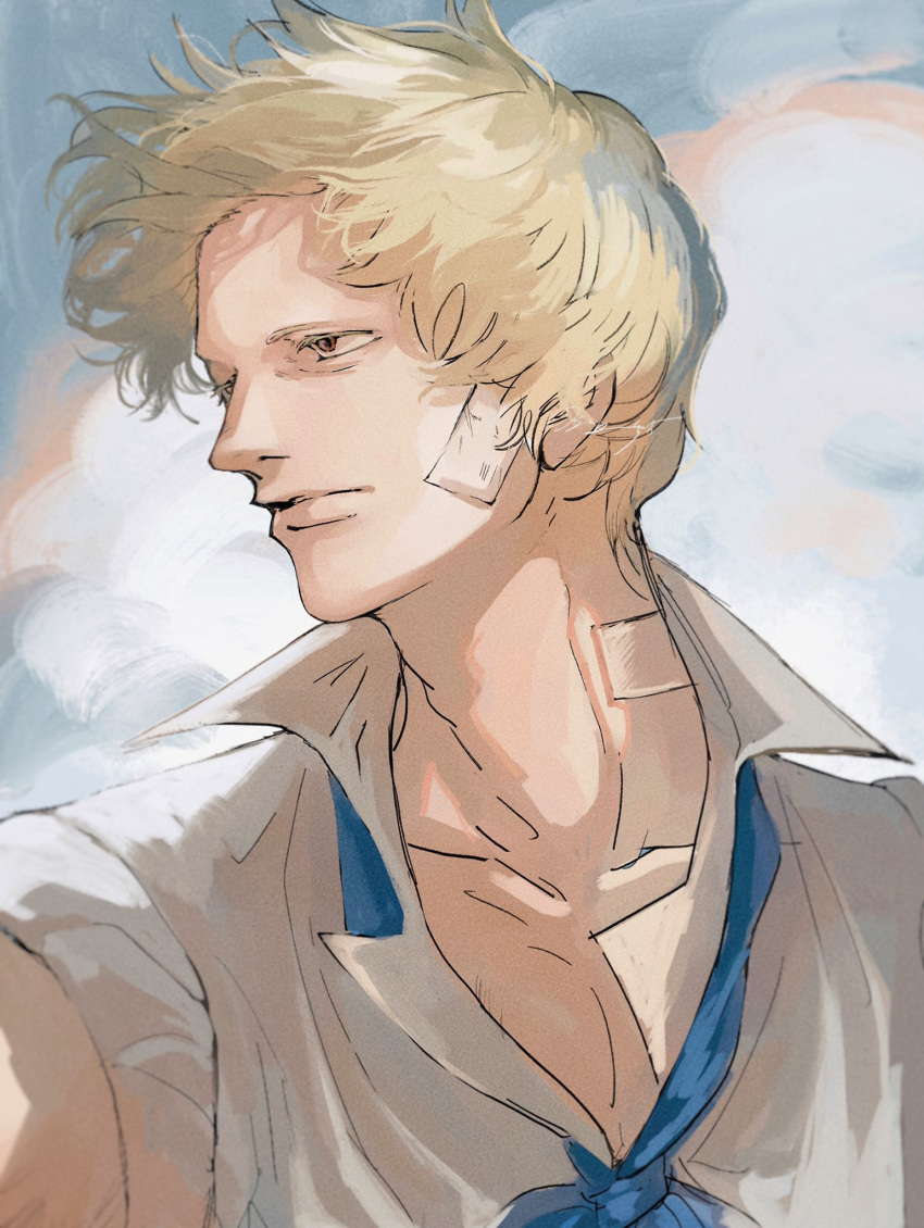 1boy bags_under_eyes bandage_on_face bandage_on_neck bandages blonde_hair blue_neckerchief blue_sky brown_eyes collarbone donquixote_rocinante highres looking_to_the_side male_focus neckerchief one_piece shirt short_hair sky solo sub_45 upper_body white_shirt