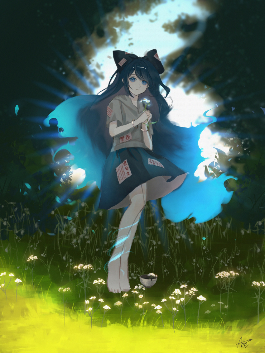 1girl absurdres amedama_ameme bare_legs barefoot blue_eyes blue_hair blue_skirt bracelet closed_mouth daisy day flower full_body grass grey_shirt highres holding holding_flower jewelry long_hair looking_at_viewer magic outdoors shade shirt short_sleeves signature skirt solo standing sunlight touhou white_flower yorigami_shion