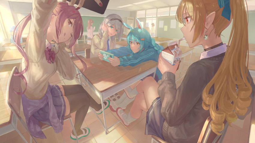 6+girls :q absurdres animal_ears black_thighhighs blonde_hair blue_necktie blue_skirt bow bowtie braid cellphone character_request classroom clothes_around_waist crossed_legs desk drink drinking_straw drinking_straw_in_mouth earrings green_eyes grey_hair highres holding holding_drink holding_phone hololive houshou_marine jacket jacket_around_waist jewelry juice_box lone_nape_hair long_hair long_sleeves multiple_girls necktie on_chair outstretched_arms phone pointy_ears ponytail rabbit_ears red_bow red_bowtie red_eyes redhead school_uniform selfie shiranui_flare shirogane_noel short_hair sitting skirt smartphone socks tadanotarosuke thick_eyebrows thigh-highs tongue tongue_out usada_pekora virtual_youtuber white_socks yellow_eyes