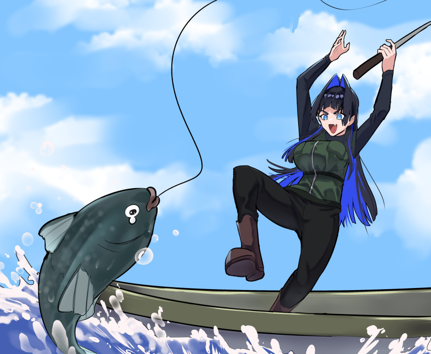 1girl absurdres arms_up blue_eyes blue_hair boat boots clouds day fish fishing fishing_line fishing_rod hair_intakes highres holding holding_fishing_rod hololive hololive_english koizumi_arata long_hair multicolored_hair ouro_kronii sky virtual_youtuber water watercraft