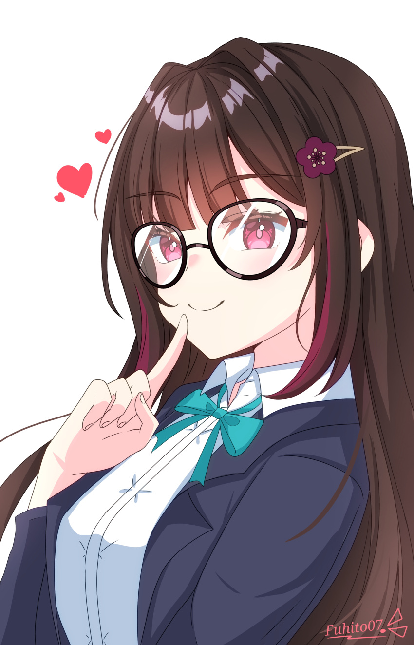 1girl absurdres artist_name black-framed_eyewear black_jacket blazer blue_ribbon blush brown_hair closed_mouth collared_shirt finger_to_mouth from_side fuhito07 glasses hair_intakes hair_ornament hairclip heart highres honkai:_star_rail honkai_(series) index_finger_raised jacket long_bangs long_hair looking_at_viewer multicolored_hair neck_ribbon open_clothes open_jacket pink_eyes redhead ribbon school_uniform shirt sidelocks simple_background smile solo sparkle_(honkai:_star_rail) straight_hair streaked_hair upper_body white_background white_shirt