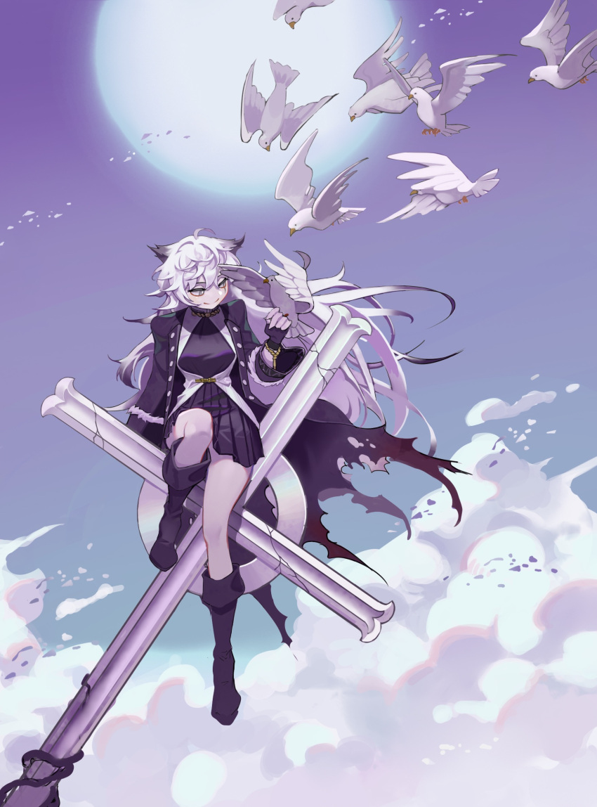 1girl ahoge animal animal_ears arknights bird bird_on_hand black_cape black_coat black_dress black_footwear boots buttons cape closed_mouth clouds coat cross dove dress duanlie_heng_xian full_body grey_eyes grey_sky hair_between_eyes hand_up highres knee_boots knee_up lappland_(arknights) latin_cross long_hair long_sleeves looking_at_animal looking_to_the_side messy_hair open_clothes open_coat pleated_dress purple_sky rope scar scar_across_eye short_dress sitting sky smile solo split_mouth torn_cape torn_clothes unbuttoned white_bird white_hair wind wolf_ears wolf_girl