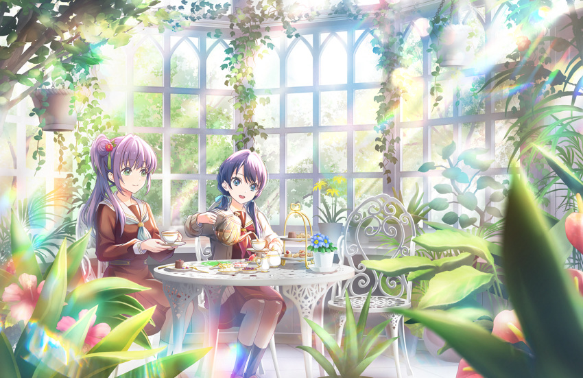 2girls ankle_socks aqua_neckerchief artist_request black_socks blue_eyes blue_flower blue_hair brown_cardigan brown_dress cake cake_slice cardigan closed_mouth conservatory creamer_(vessel) cup dress flower flower_pot food fork glass_teapot green_eyes hair_bun hair_flower hair_ornament hasu_no_sora_school_uniform highres holding holding_saucer holding_teapot indoors link!_like!_love_live! long_hair long_sleeves looking_at_another looking_at_object love_live! low_twintails medium_dress mole mole_on_neck multiple_girls murano_sayaka neckerchief official_art on_chair open_cardigan open_clothes open_mouth otomune_kozue pink_flower pleated_dress pouring purple_hair red_neckerchief round_table sailor_collar sailor_dress saucer school_uniform scone side_ponytail sidelocks single_side_bun smile socks table tart_(food) tea tea_party tea_set teacup teapot teeth tiered_tray tree twintails upper_teeth_only white_sailor_collar winter_uniform