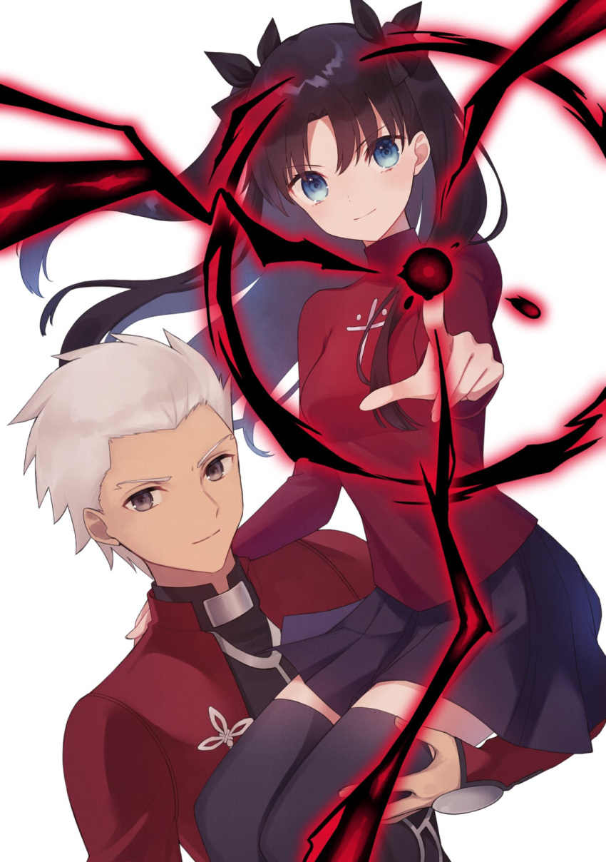 1boy 1girl archer_(fate) black_hair black_ribbon black_skirt black_thighhighs blue_eyes carrying carrying_person commentary_request cross dark-skinned_male dark_skin fate/stay_night fate_(series) floating_hair hair_ribbon highres index_finger_raised jacket latin_cross long_hair long_sleeves looking_at_viewer magic parted_bangs pleated_skirt red_jacket red_sweater ribbon shichishino short_hair simple_background sitting skirt smile sweater thigh-highs tohsaka_rin turtleneck turtleneck_sweater two_side_up white_background white_hair