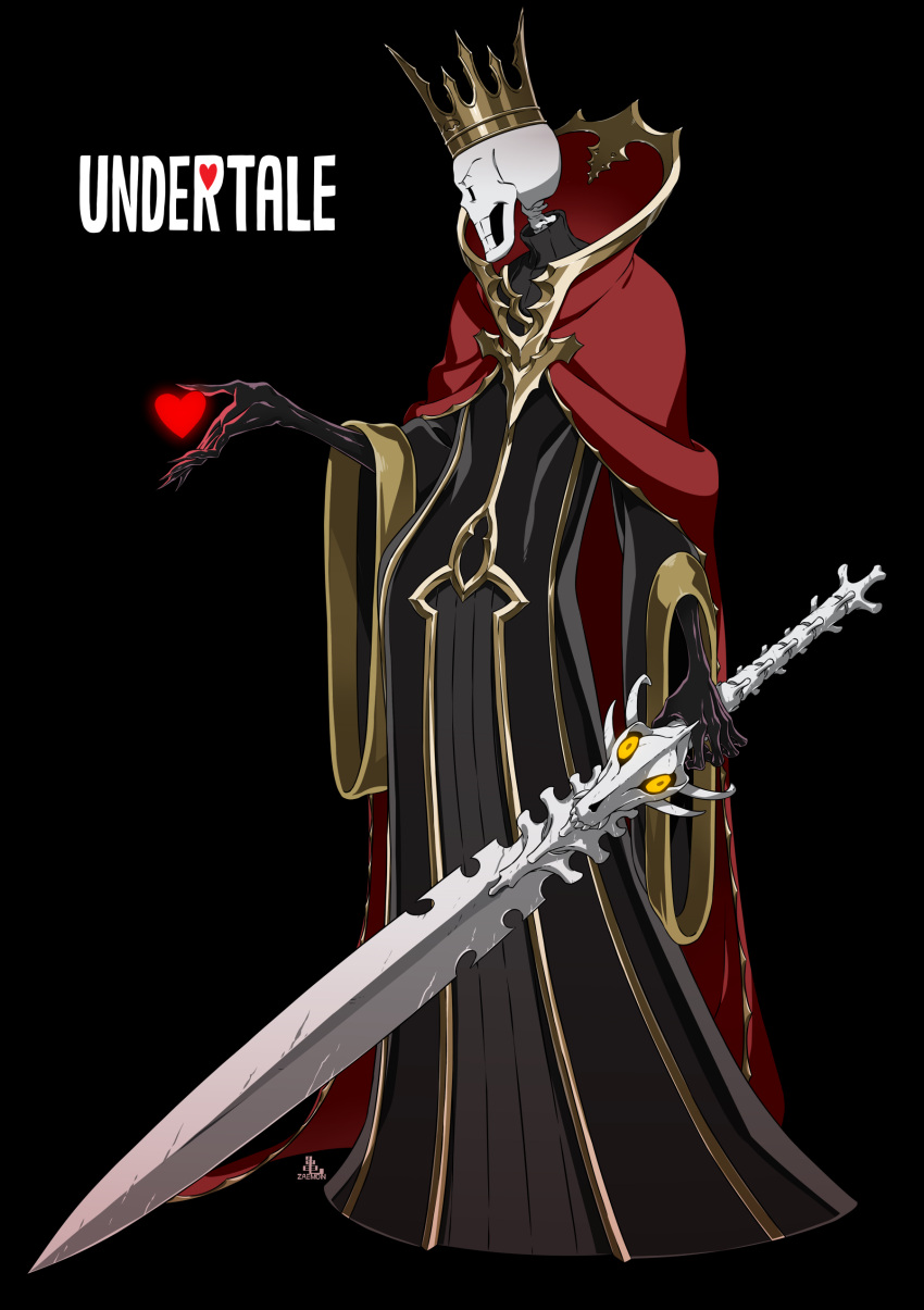 1boy absurdres alternate_costume black_background black_robe black_skin bone bone_weapon cel_shading cloak collared_cloak colored_skin commentary_request copyright_name crown from_side full_body glowing grin heart high_collar highres holding holding_sword holding_weapon kamezaemon male_focus papyrus_(undertale) profile red_cloak robe scratches simple_background skeleton smile solid_oval_eyes solo standing sword turtleneck undertale weapon wide_sleeves
