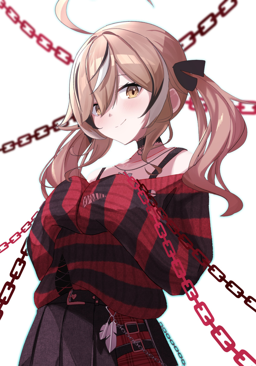 1girl absurdres ahoge alphaart belt belt_chain black_skirt black_sweater brown_hair chain choker emo_fashion feathers hair_over_one_eye hair_ribbon heart heart_choker highres hololive hololive_english huge_ahoge lace-trimmed_choker lace_trim looking_at_viewer multicolored_hair nanashi_mumei nanashi_mumei_(4th_costume) off_shoulder official_alternate_costume official_alternate_hairstyle plaid plaid_skirt pleated_skirt red_skirt red_sweater ribbon skirt smile spaghetti_strap streaked_hair striped_clothes striped_sweater sweater torn_clothes torn_sweater twintails two-tone_sweater virtual_youtuber