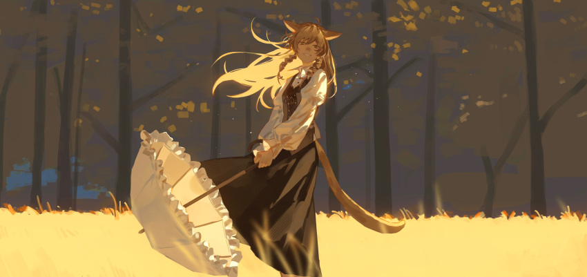 1girl absurdres akira1026 animal_ears black_skirt black_vest blonde_hair cat_ears cat_girl cat_tail chinese_commentary collared_shirt commentary_request cowboy_shot day drill_hair drill_sidelocks field final_fantasy final_fantasy_xiv floating_hair frilled_umbrella frills green_eyes grin highres holding holding_umbrella juliet_sleeves long_hair long_sleeves looking_at_viewer miqo'te outdoors own_hands_together parasol puffy_sleeves shirt sidelocks skirt skirt_set smile solo standing tail tree twin_drills umbrella vest warrior_of_light_(ff14) white_shirt wind yellow_theme