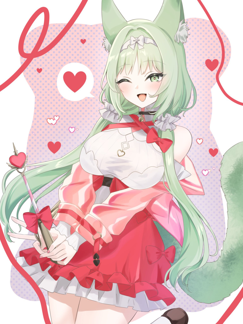 1girl ;d animal_ear_fluff animal_ears arknights bare_shoulders bell black_choker breasts brown_footwear choker commentary_request frilled_skirt frills green_eyes green_hair hair_intakes hair_over_shoulder harmonie_(arknights) heart highres holding jingle_bell large_breasts long_hair looking_at_viewer low_twintails neck_bell nishimiya_aki one_eye_closed pink_background polka_dot polka_dot_background red_skirt shirt shoes skirt sleeveless sleeveless_shirt smile solo spoken_heart standing standing_on_one_leg tail twintails two-tone_background very_long_hair white_background white_shirt
