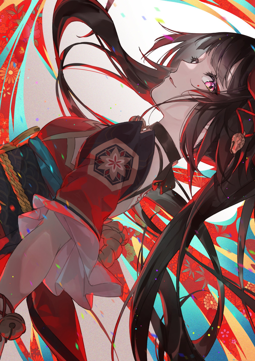1girl absurdres arm_at_side bare_shoulders bell black_choker bow brown_hair choker dress floating_hair from_side hair_bow highres honkai:_star_rail honkai_(series) long_hair looking_at_viewer neck_bell obi open_mouth pink_eyes red_bow red_dress sash sidelocks sideways sideways_glance simple_background sleeveless sleeveless_dress smile solo sparkle_(honkai:_star_rail) twintails upper_body white_background yayu041832151