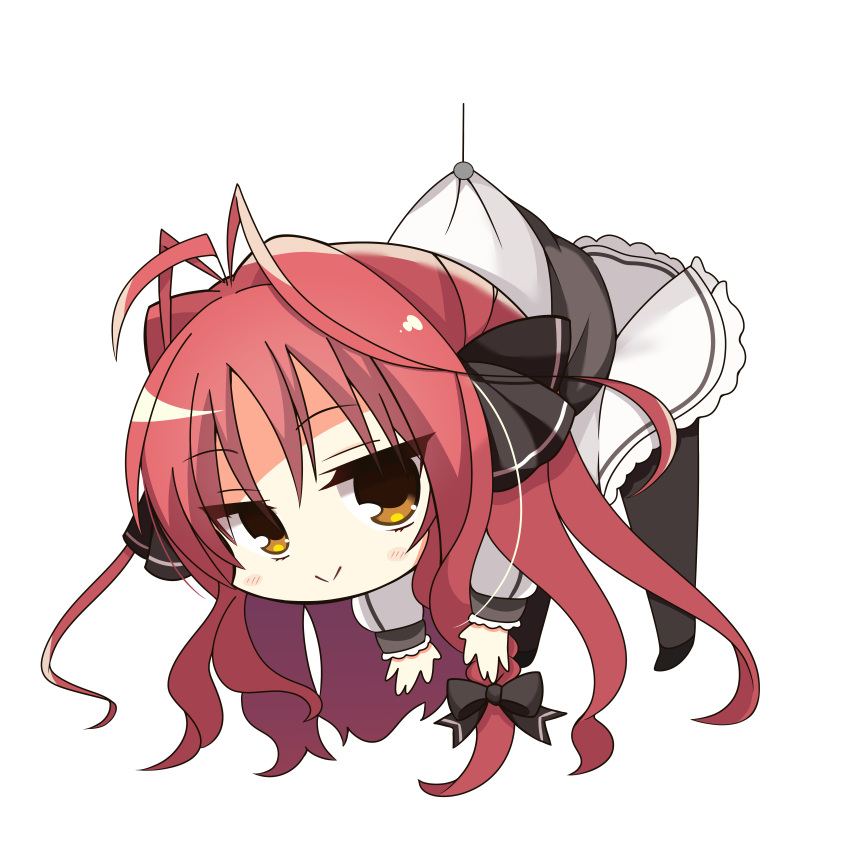1girl :&gt; absurdres antenna_hair black_bow black_pantyhose black_ribbon blush_stickers bow braid chibi closed_mouth commentary_request dracu-riot! frilled_skirt frilled_sleeves frills hair_between_eyes hair_bow hair_ribbon hanging highres jitome kaon_zz long_hair long_sleeves looking_at_viewer pantyhose redhead ribbon school_uniform shirt simple_background single_braid skirt smile solo split_mouth thick_eyebrows transparent_background wavy_hair white_shirt white_skirt yarai_miu