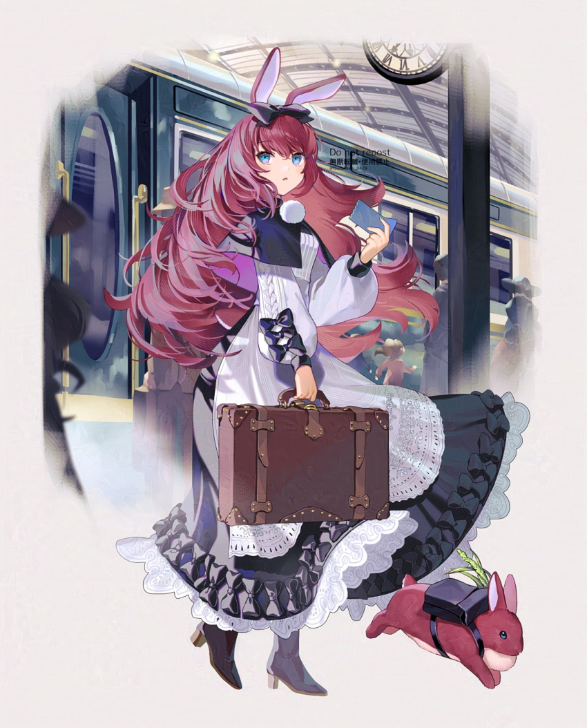 1girl animal_ears black_bow black_capelet black_footwear blue_eyes boots bow capelet clock dress frilled_dress frills from_side hair_bow high_heel_boots high_heels highres holding holding_suitcase holding_ticket long_dress long_hair long_sleeves looking_ahead original petticoat pom_pom_(clothes) rabbit rabbit_ears rabbit_girl redhead sidelocks solo straight_hair suitcase train train_station tsunakawa white_dress