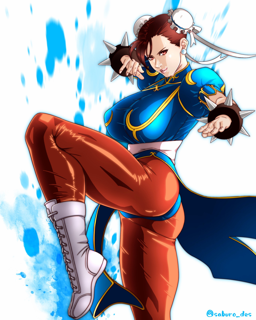 1girl absurdres blue_background boots bracelet breasts brown_eyes brown_hair brown_pantyhose bun_cover china_dress chinese_clothes chun-li double_bun dress earrings fighting_stance gradient_background hair_bun highres jewelry large_breasts lips pantyhose pelvic_curtain saburo_des sash short_hair solo spiked_bracelet spikes street_fighter street_fighter_ii_(series) twitter_username