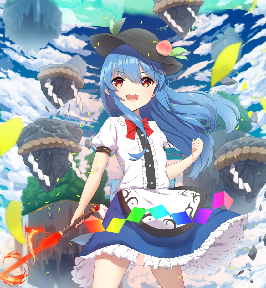 1girl ambasa aurora black_headwear blue_hair blue_skirt blue_sky bow bowtie clenched_hand clouds cloudy_sky commentary_request day falling_petals fire floating food fruit fruit_hat_ornament hat highres hinanawi_tenshi holding holding_sword holding_weapon keystone leaf leaf_hat_ornament long_hair open_mouth peach peach_hat_ornament petals puffy_short_sleeves puffy_sleeves rainbow_gradient rainbow_order red_bow red_bowtie red_eyes rock rope shide shimenawa shirt short_sleeves skirt sky smile solo sword sword_of_hisou touhou weapon white_shirt yellow_petals