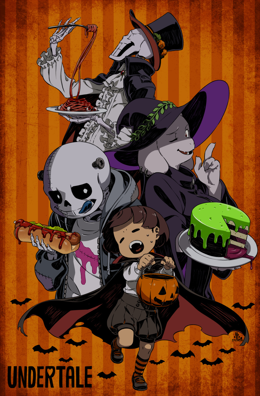 1girl 1other 2boys =_= absurdres alternate_costume androgynous animal_ears ascot basket bat_(animal) black_cape black_headwear black_robe black_sclera blue_tongue brown_hair cake cape center_frills child closed_eyes collared_cape colored_sclera colored_tongue copyright_name cosplay cropped_torso drawstring ear_piercing facing_viewer fangs fewer_digits food fork frankenstein's_monster frankenstein's_monster_(cosplay) frilled_sleeves frills frisk_(undertale) full_body furry furry_female goat_ears goat_girl grey_jacket grin halloween halloween_bucket halloween_costume hat high_contrast highres holding holding_basket holding_food holding_fork holding_plate hood hood_down hooded_jacket hot_dog index_finger_raised jacket kamezaemon multiple_boys no_nose object_through_head one_eye_closed open_mouth orange_background papyrus_(undertale) pasta patchwork_clothes piercing plate robe sans screw_in_head shirt short_hair skeleton skin_fangs smile spaghetti stitched_face stitches striped_background tongue tongue_out top_hat toriel undertale upper_body white_ascot white_shirt witch_hat zipper