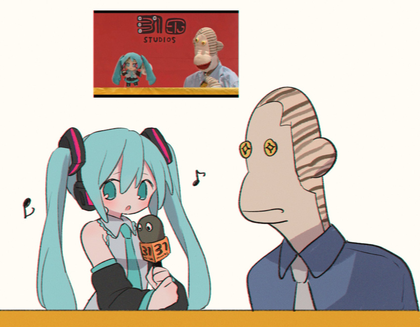 1boy 1girl 31_minutos blue_eyes blue_hair blue_necktie blue_shirt collared_shirt detached_sleeves hatsune_miku highres holding holding_microphone long_hair looking_at_another looking_at_viewer mico_el_micofono microphone musical_note necktie open_mouth ri_(qrcode) shirt simple_background tulio_trivino twintails vocaloid white_background white_necktie