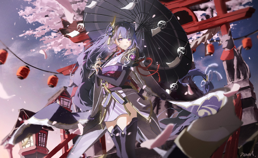 absurdres blunt_bangs cherry_blossoms genshin_impact highres holding holding_umbrella japanese_clothes kimono long_hair namito_nami outdoors parasol purple_hair purple_kimono purple_shorts purple_thighhighs raiden_shogun short_kimono shorts statue thigh-highs torii tree umbrella violet_eyes