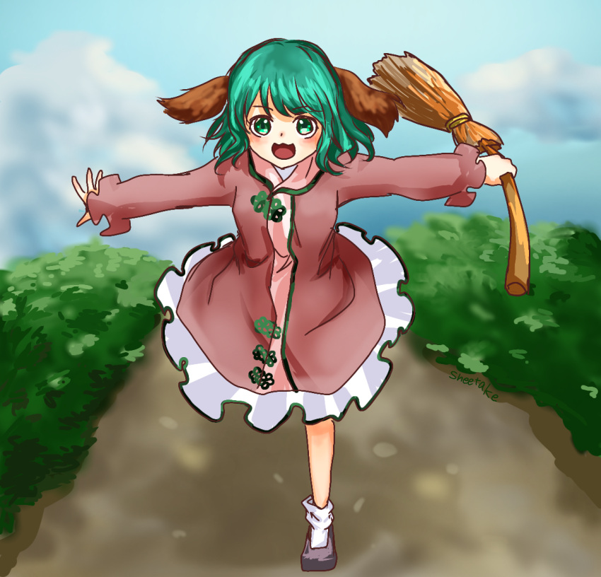 airplane_arms blue_sky blurry blurry_background broom bush clouds cloudy_sky day green_eyes green_hair holding holding_broom kasodani_kyouko mountain open_mouth outstretched_arms path plant running shee_take sky spread_arms touhou