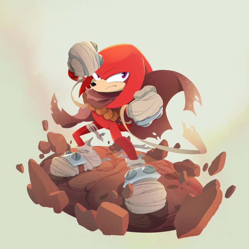 1boy alternate_costume archived_source bandages cape clenched_hands drawfag full_body furry furry_male grey_background highres knuckles_the_echidna male_focus rock solo sonic_(series) standing torn_cape torn_clothes violet_eyes