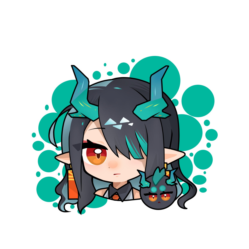 1girl absurdres arknights black_hair chibi chinese_commentary closed_mouth commentary_request cropped_shoulders dragon_bubble_(arknights) dragon_girl dragon_horns dusk_(arknights) earrings expressionless green_hair green_horns hair_over_one_eye highres horns jewelry long_hair looking_at_viewer multicolored_hair one_eye_covered orange_eyes pointy_ears portrait solo streaked_hair white_background xinjinjumin_(zhu_jin_fanselit)