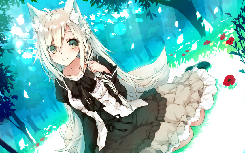 1girl animal_ear_fluff animal_ears black_dress black_footwear braid brown_eyes closed_mouth collarbone commentary_request dress dutch_angle flower fox_ears fox_girl fox_tail frilled_dress frills grass grey_hair hair_between_eyes hand_up highres long_hair long_sleeves looking_at_viewer original red_flower saeki_touma shoes single_braid smile solo tail tree very_long_hair