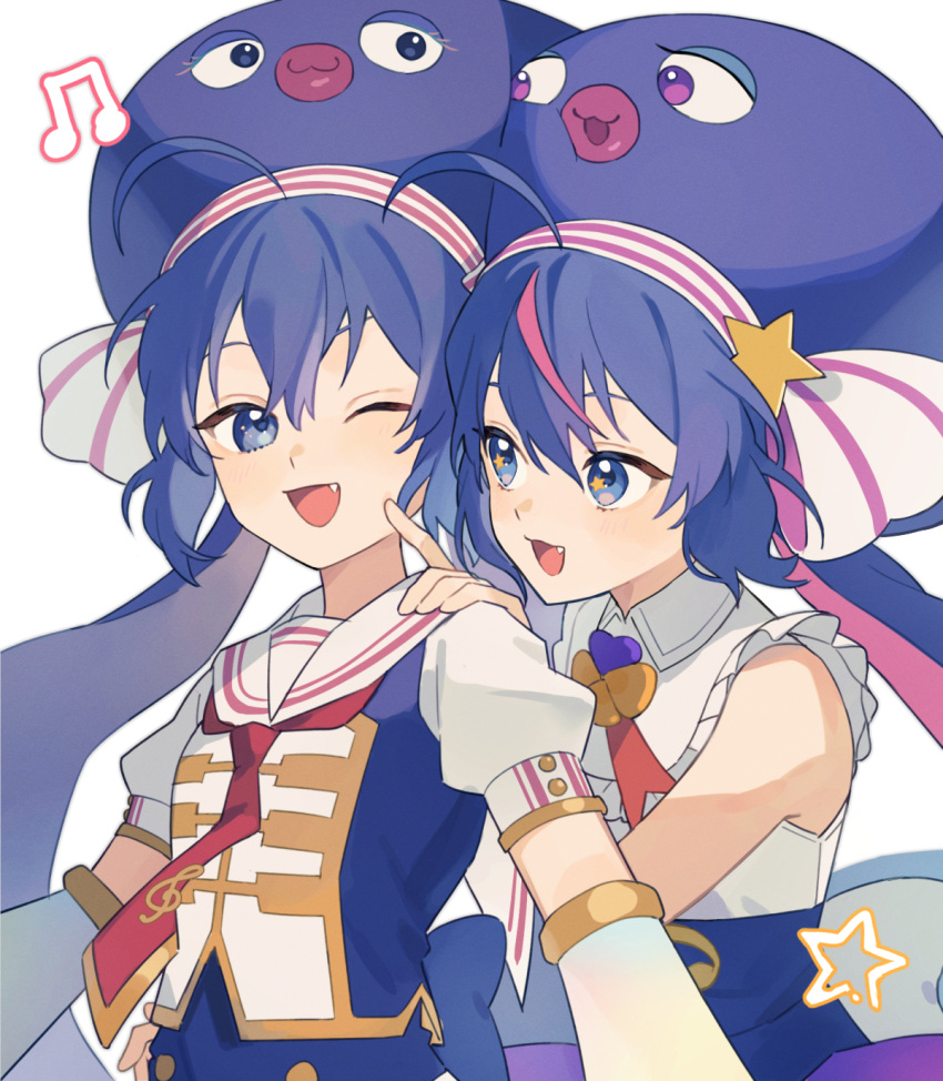 2girls ahoge arm_guards back_bow blue_eyes blue_hair blue_headwear bow buttons collared_shirt colored_inner_hair dual_persona fang hand_on_another's_shoulder hat highres indeat_another long_hair low_twintails multicolored_hair multiple_girls musical_note neck_ribbon necktie one_eye_closed open_mouth otomachi_una otomachi_una_(sugar) pink_hair pink_trim pointing pointing_at_another puffy_short_sleeves puffy_sleeves purple_skirt red_necktie red_ribbon red_trim ribbon sailor_collar shirt short_sleeves skirt sleeveless sleeveless_shirt smile star_(symbol) star_in_eye streaked_hair suiso_sn3 symbol_in_eye twintails vocaloid white_background white_bow white_sailor_collar