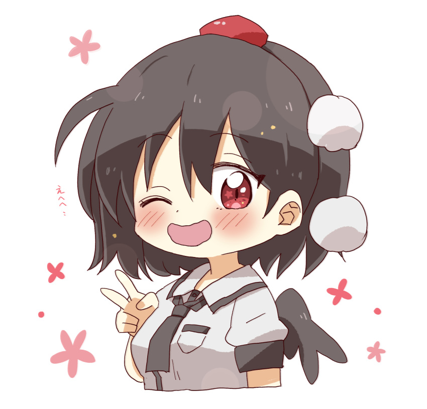 1girl ;d black_hair black_necktie black_wings blush breasts chibi collared_shirt cropped_torso dress_shirt floral_background hair_between_eyes hand_up hat highres looking_at_viewer medium_breasts mini_hat necktie one_eye_closed puffy_short_sleeves puffy_sleeves red_eyes red_headwear shameimaru_aya shirt short_sleeves simple_background smile solo star_(symbol) star_in_eye symbol_in_eye tokin_hat totoharu_(kujirai_minato) touhou translation_request upper_body v white_background white_shirt wings