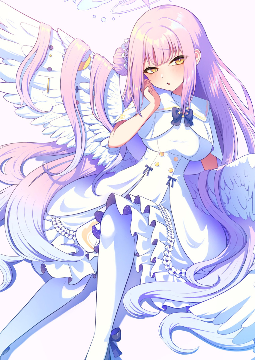 1girl :o blue_archive blush breasts buttons capelet double-breasted dress feathered_wings gradient_hair hair_bun halo hand_on_own_cheek hand_on_own_face highres knee_up large_breasts layered_dress looking_at_viewer low_wings mika_(blue_archive) multicolored_hair open_mouth pantyhose pink_hair pleated_dress sailor_collar simple_background single_side_bun sitting solo ssrg_srrg white_background white_capelet white_dress white_hair white_pantyhose white_sailor_collar white_wings wings yellow_eyes
