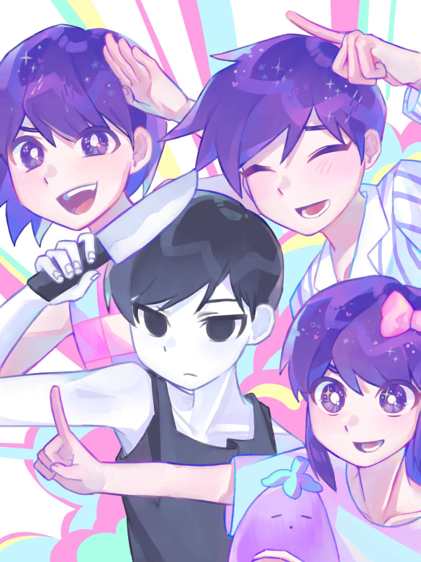 1girl 3boys arm_up aubrey_(headspace)_(omori) aubrey_(omori) bare_shoulders black_eyes black_hair black_tank_top blue_pajamas blush bow bright_pupils brothers checkered_clothes checkered_shirt closed_eyes closed_mouth collarbone collared_shirt colored_skin hair_between_eyes hair_bow hero_(headspace)_(omori) hero_(omori) highres holding holding_knife holding_stuffed_toy index_finger_raised iro_(mywife_sunny) kel_(headspace)_(omori) kel_(omori) knife long_sleeves looking_at_viewer lower_teeth_only multiple_boys no_pupils omori omori_(omori) open_mouth pajamas pink_bow purple_hair shirt short_hair short_sleeves siblings sleeveless smile striped_clothes striped_pajamas striped_shirt stuffed_eggplant stuffed_toy tank_top teeth vertical-striped_clothes vertical-striped_pajamas vertical-striped_shirt violet_eyes white_pajamas white_pupils white_skin