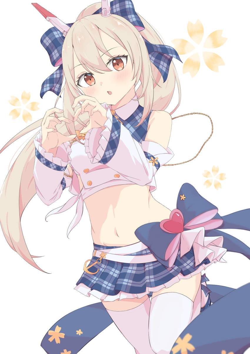 1girl :o absurdres anchor_ornament ayanami_(azur_lane) ayanami_(low-key_idol_@confused)_(azur_lane) azur_lane bare_shoulders blonde_hair blue_bow blue_skirt blush bow breasts buttons collared_shirt commentary_request crop_top detached_sleeves double-breasted frilled_skirt frilled_sleeves frills hair_between_eyes hair_bow hands_up headgear heart heart_hands highres idol kaguya_twin long_hair looking_at_viewer medium_breasts midriff miniskirt navel orange_eyes plaid plaid_bow plaid_skirt pleated_skirt ponytail shirt skindentation skirt solo standing standing_on_one_leg thigh-highs very_long_hair white_shirt wide_sleeves